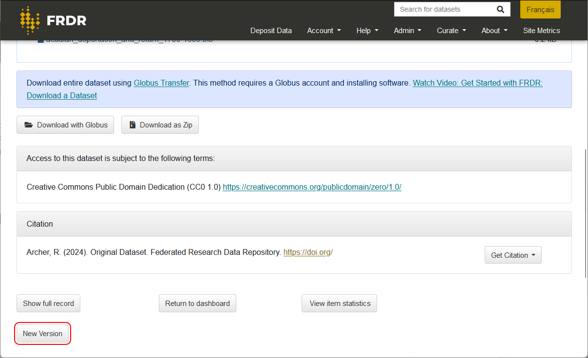 Screenshot showing button to create a new version of a dataset on the landing page.