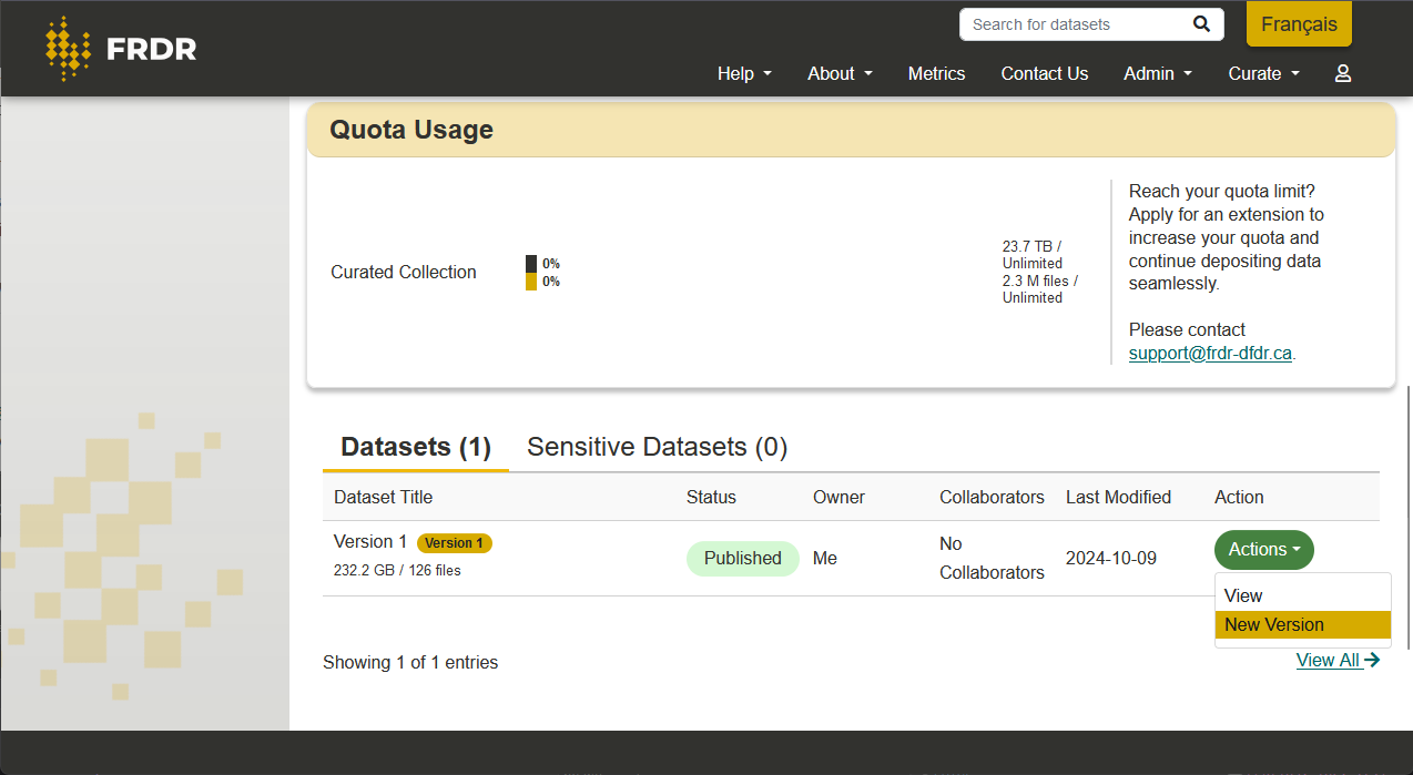 Screenshot showing button to create a new version of a dataset on the Publication Dashboard