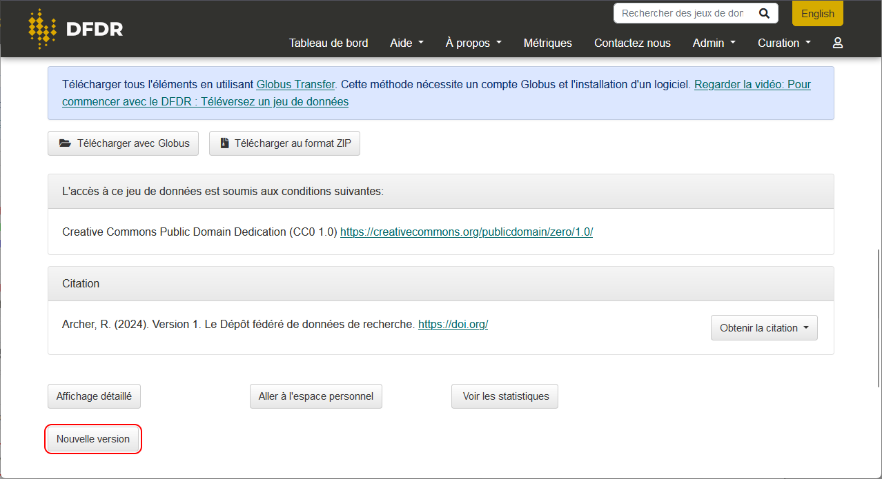 Screenshot showing button to create a new version of a dataset on the landing page.