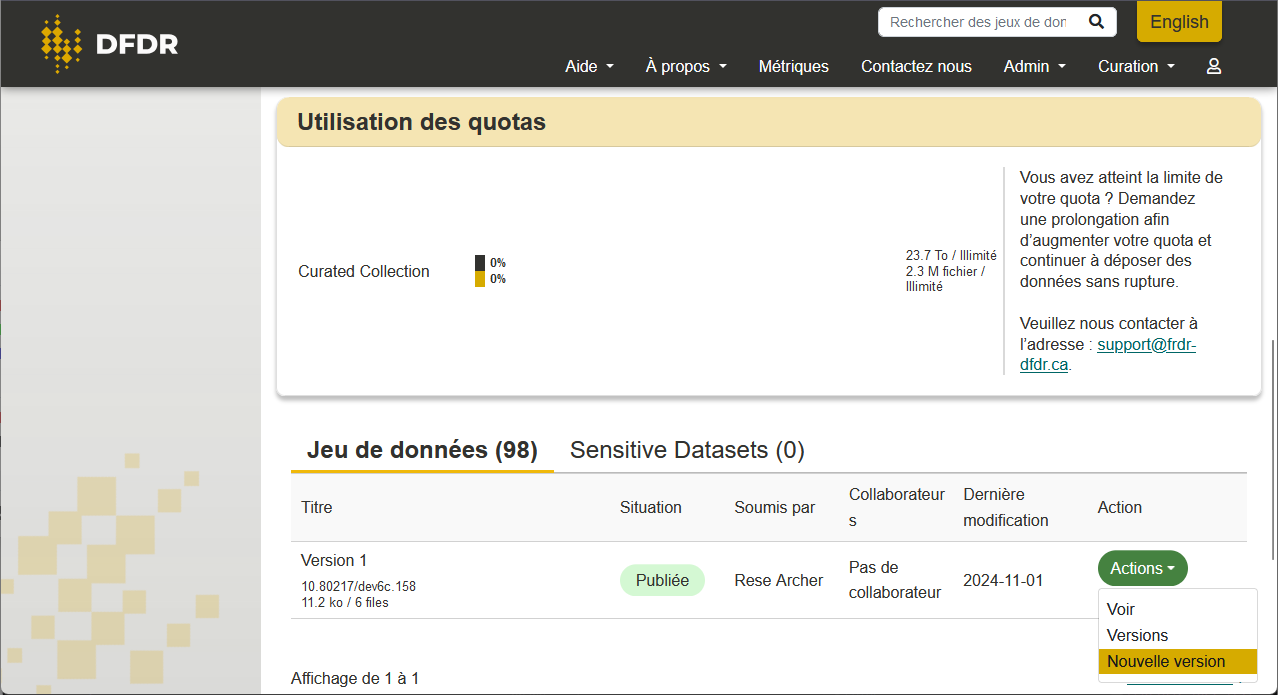 Screenshot showing button to create a new version of a dataset on the Publication Dashboard