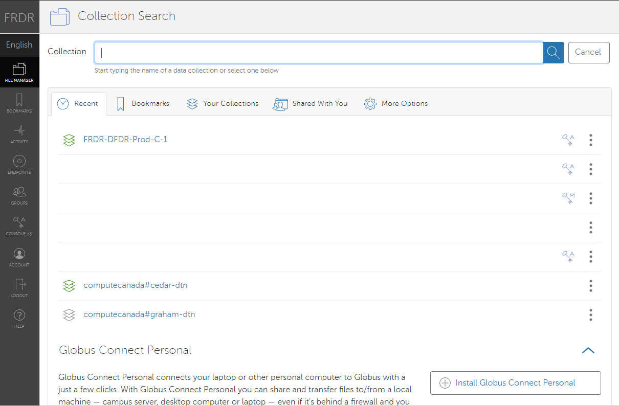 Screenshot of Globus Web UI showing results of search for collection
