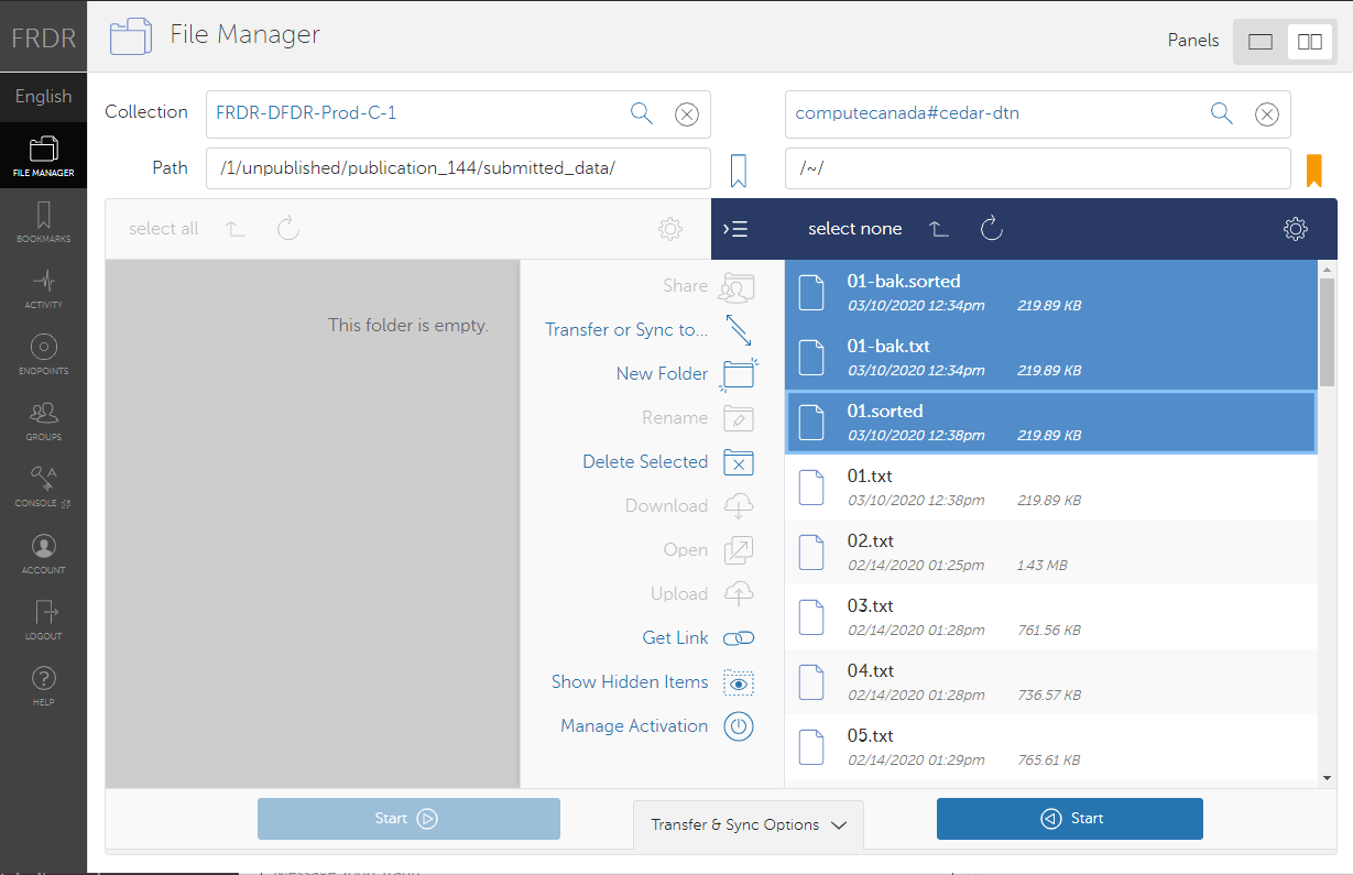 Screenshot of Globus Web UI showing files highlighted and ready for transfer