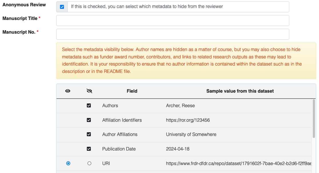 Screenshot showing anonymous review metadata selection