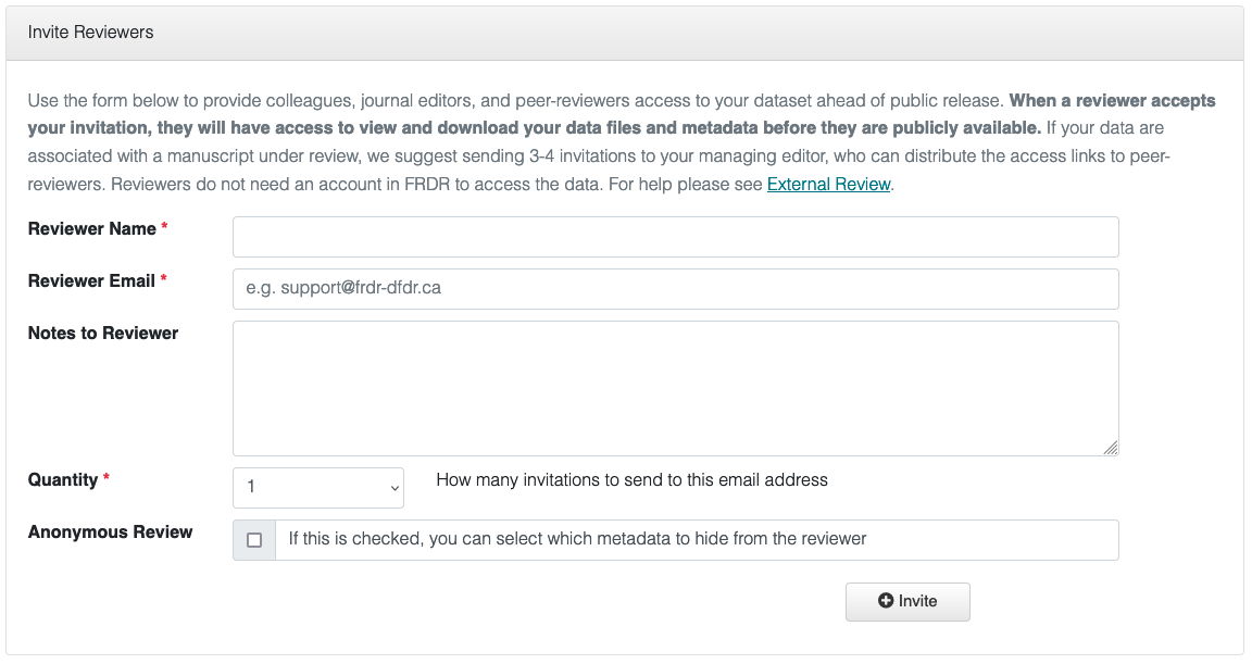 Screenshot showing external dataset review invitation form